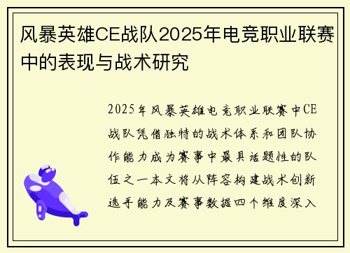 风暴英雄CE战队2025年电竞职业联赛中的表现与战术研究