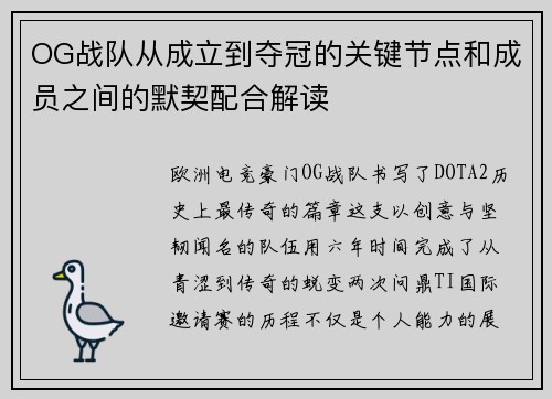 OG战队从成立到夺冠的关键节点和成员之间的默契配合解读
