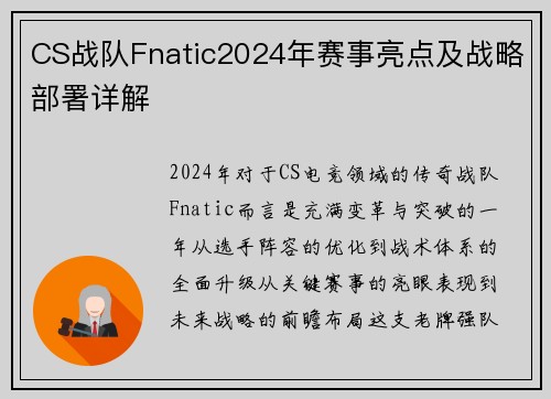 CS战队Fnatic2024年赛事亮点及战略部署详解
